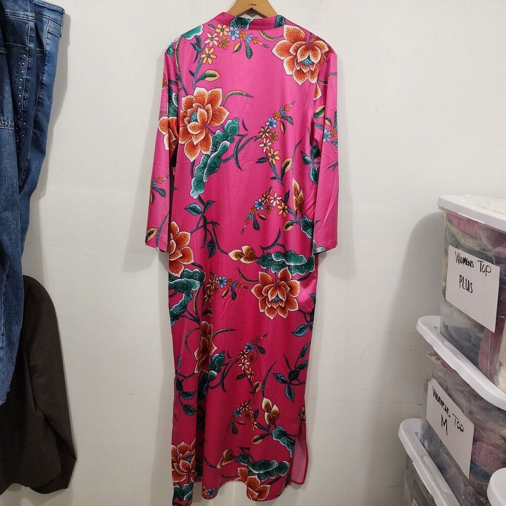 Natori Hot Pink Satin Floral Caftan Mandarin neckline Womens S Resort Lounge - Picture 11 of 11
